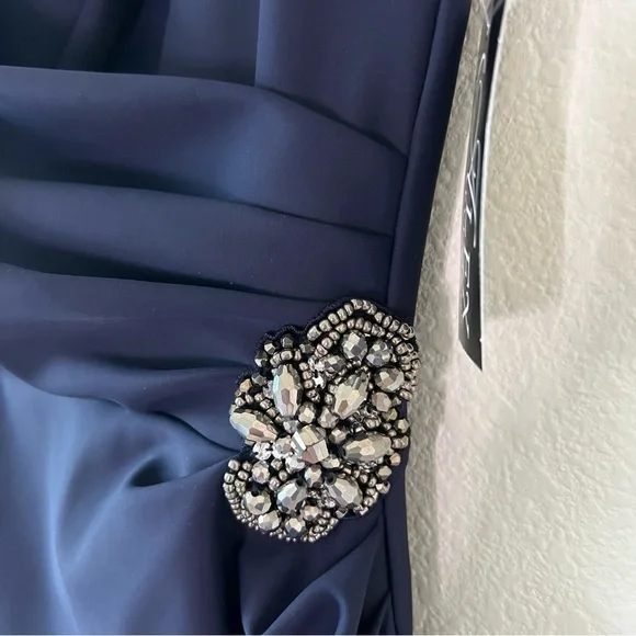 NWT Alex Evenings Navy Side Drape Tulip Hem Column Gown Size 4 Embellished